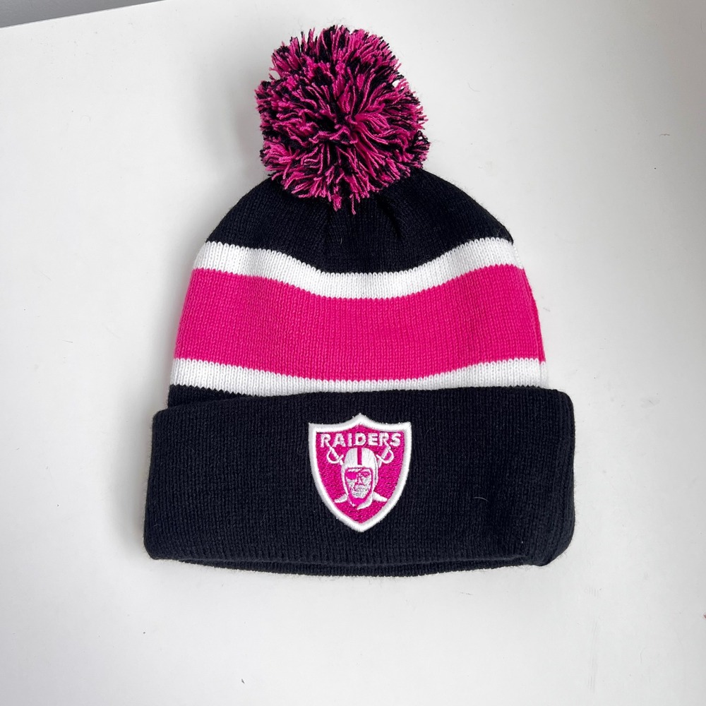 Oakland Raiders Hat Beanie Knit Pom One Size Black Pink White NFL Football Logo